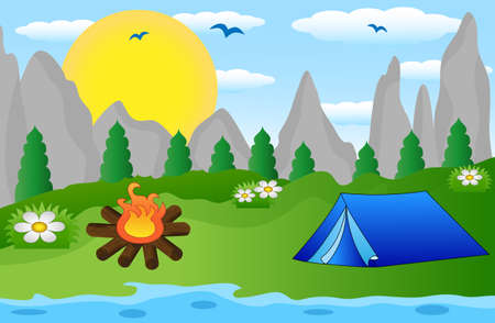 tourist tent on the riverside, vector illustrationのイラスト素材