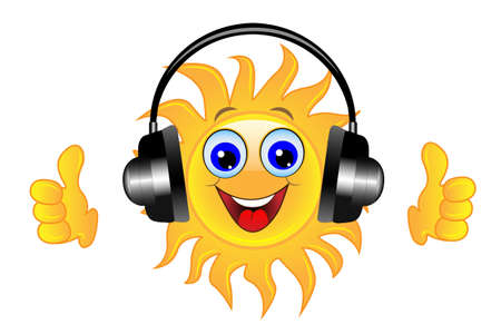 merry sun in headsets on a white background,  vector  illustrationのイラスト素材