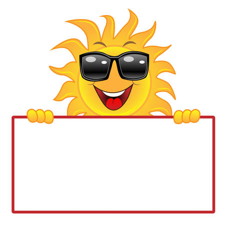 merry sun in dark glasses holds a white banner,  vector  illustrationのイラスト素材