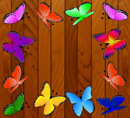 background with wooden texture and butterflies,vector illustrationのイラスト素材