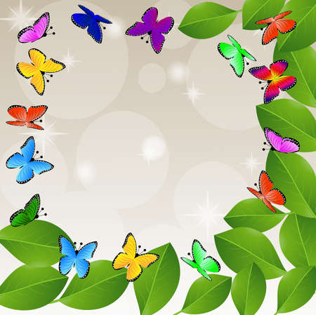 background  with green leaves and butterflies,  vector  illustrationのイラスト素材