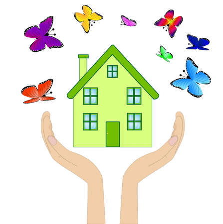 house with varicoloured butterflies in hands on a white backgroundのイラスト素材