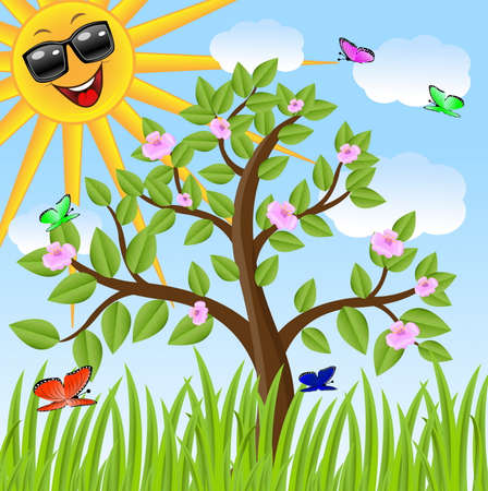 tree, sun in dark glasses and  butterflyのイラスト素材