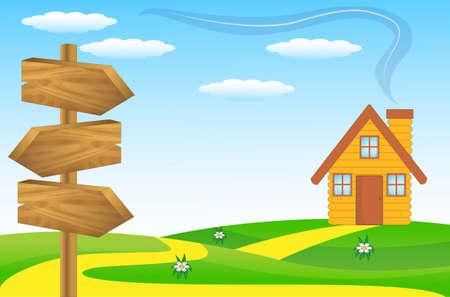 wooden pointer to the green lawn, vector illustrationのイラスト素材