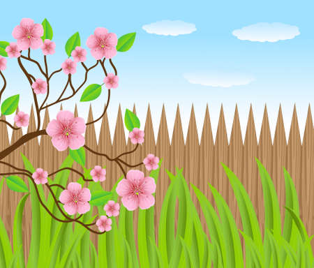 background for a design with a wooden fence and pink flowers,vector illustrationのイラスト素材
