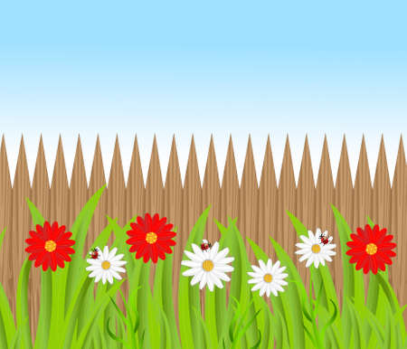 background for a design with a wooden fence and beautiful flowers,vector illustrationのイラスト素材