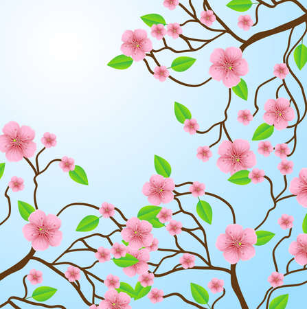 Branch with pink flowers on a blue background, vector illustrationのイラスト素材