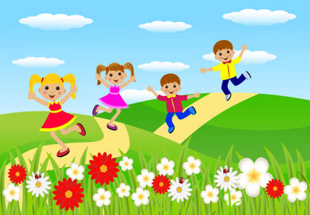 merry children hurry on a path, vector illustrationのイラスト素材