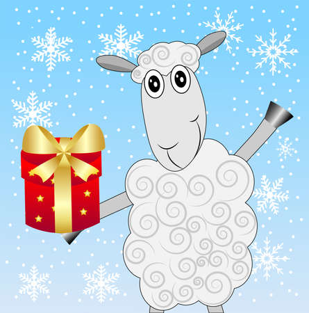 merry sheep with a gift on a blue background with snowflakes,  vector  illustrationのイラスト素材