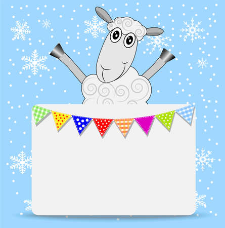 merry sheep and greeting-card with a garland,  vector  illustrationのイラスト素材