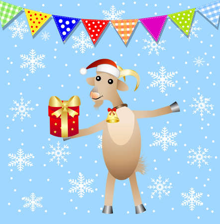 merry goat with a gift and festive garland,  vector  illustrationのイラスト素材