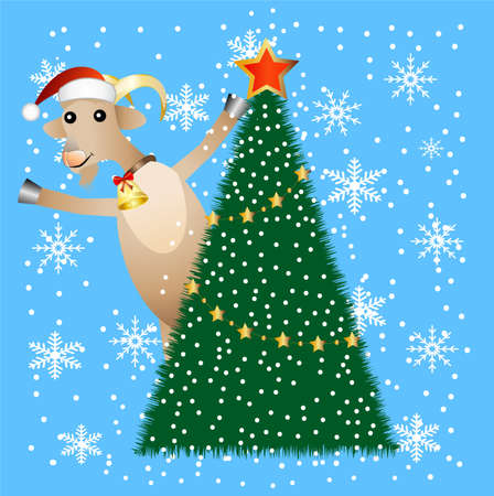merry goat and christmas tree,  vector  illustrationのイラスト素材