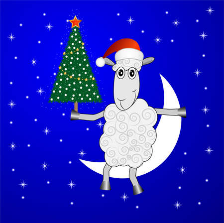 merry sheep  with a christmas tree,  vector  illustrationのイラスト素材