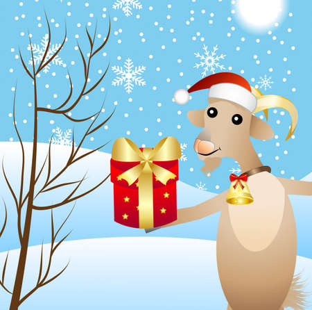 merry goat with a gift,  vector  illustrationのイラスト素材