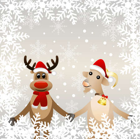 merry goat in a christmas cap and elk,vector illustrationのイラスト素材