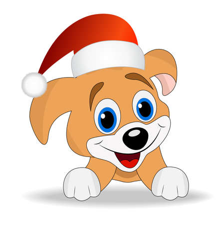 merry puppy in a christmas cap,vector illustrationのイラスト素材