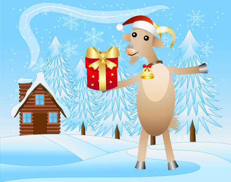 merry goat with a gift on a background winter landscape,  vector  illustrationのイラスト素材