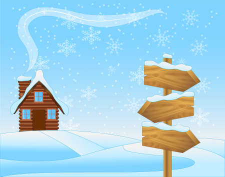 winter landscape with a wooden house and pointer,  vector  illustrationのイラスト素材