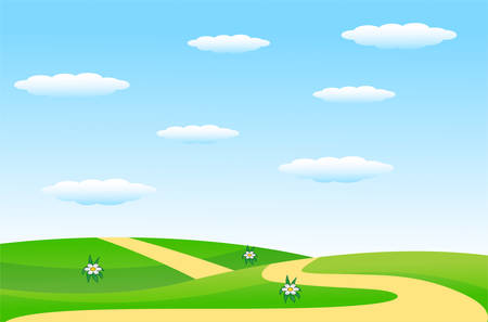 summer landscape with a green lawn and blue sky,  vector  illustrationのイラスト素材