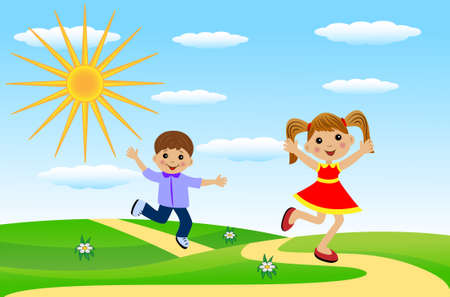 merry girl and boy hurry on a path, vector illustrationのイラスト素材