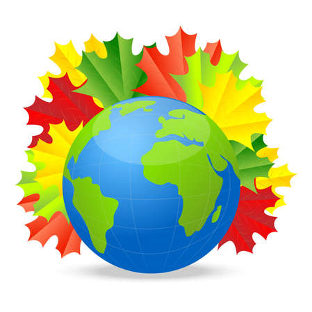 planet earth with the autumn leaves of maple,  vector  illustrationのイラスト素材