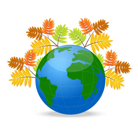 planet earth with the autumn leaves of wild ash,  vector  illustrationのイラスト素材