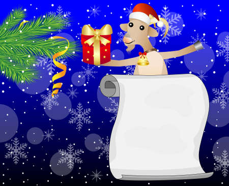 goat with a gift, branches of christmas tree and sheet of paper,vector illustrationのイラスト素材