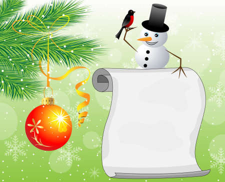 snow man, branches of christmas tree and sheet of paper,vector illustrationのイラスト素材