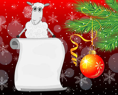 sheep, branches of christmas tree with a ball and sheet of paper,vector illustrationのイラスト素材
