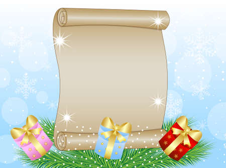 christmas background with the sheet of paper, green branches and gifts,vector illustrationのイラスト素材