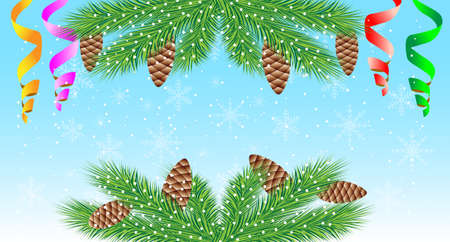christmas background with green branches, cones and serpentine,  vector  illustrationのイラスト素材