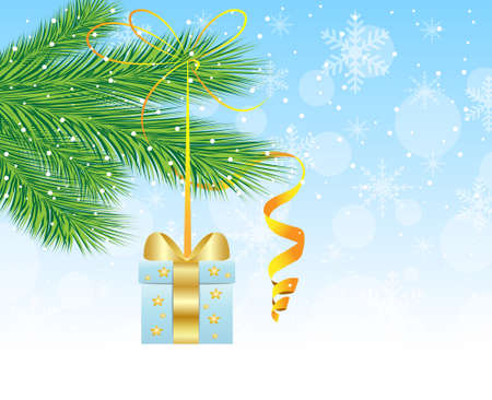 festive gift hangs on the green branch of tree,  vector  illustrationのイラスト素材