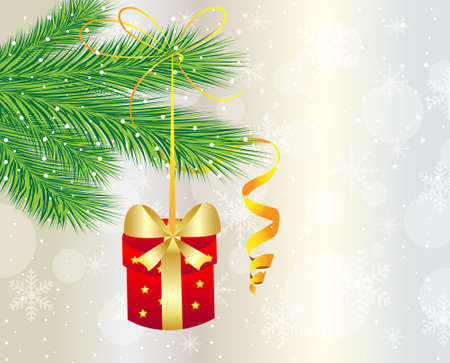 festive gift hangs on the green branch of tree,  vector  illustrationのイラスト素材