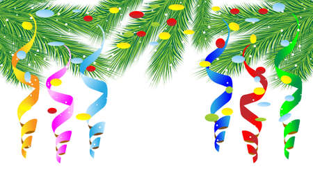 festive christmas background with green branches and serpentine,  vector  illustrationのイラスト素材