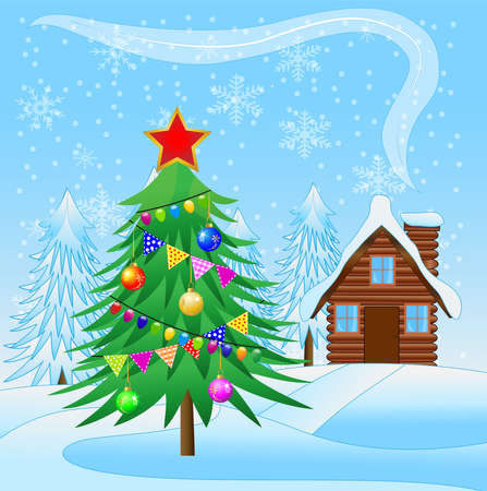 decorated christmas tree and wooden house,  vector  illustrationのイラスト素材