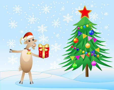 decorated christmas tree and goat with a gift,  vector  illustrationのイラスト素材