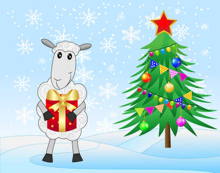 decorated christmas tree and sheep with a gift,  vector  illustrationのイラスト素材
