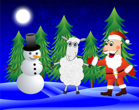 Santa claus, sheep and snow man  in the winter forest,  vector  illustrationのイラスト素材