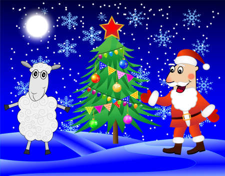 Santa claus, sheep and christmas tree  in the winter forest,  vector  illustrationのイラスト素材