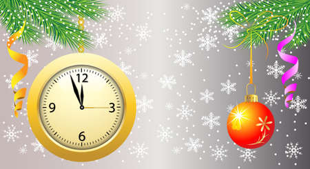 background with a clock, festive ball and green branches,vector illustrationのイラスト素材