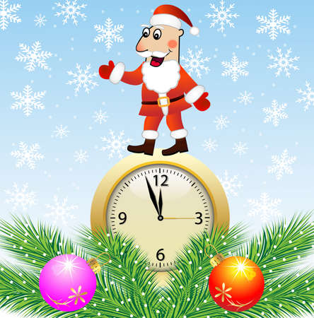 Santa claus, clock and green branches with toys,vector illustrationのイラスト素材