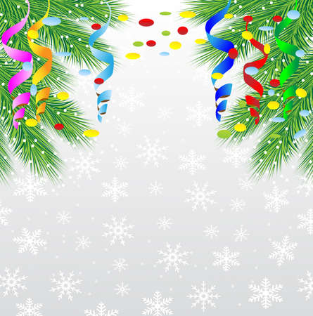 festive christmas background with green branches and serpentine,  vector  illustrationのイラスト素材