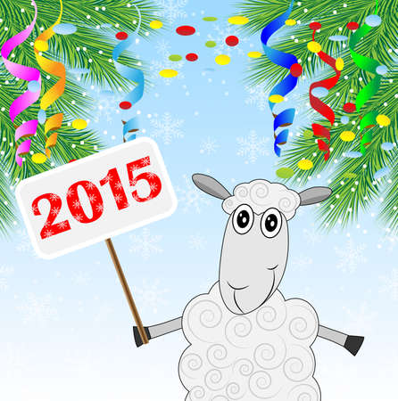 sheep holds a banner with numbers 2015 year and branch of christmas tree,vector illustrationのイラスト素材
