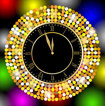 clock on a bright christmas background with gold spangles,  vector  illustrationのイラスト素材