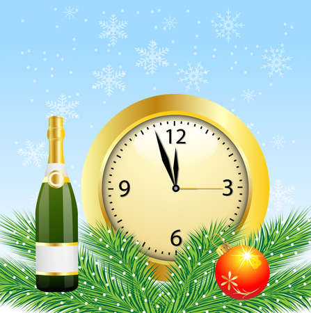 christmas postal with the bottle of champagne and clockのイラスト素材