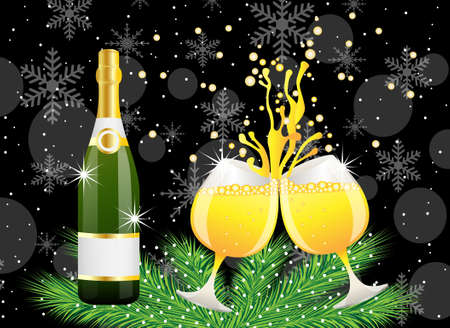 christmas postal with a bottle and glasses of champagneのイラスト素材