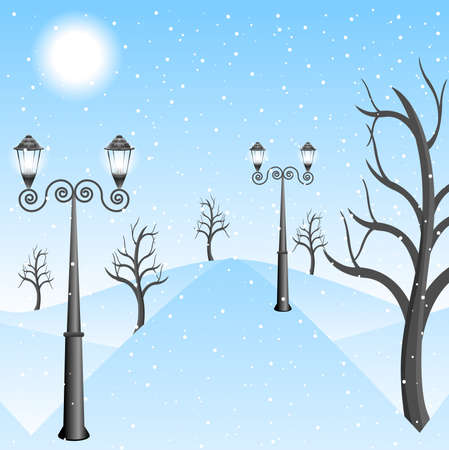 winter landscape in a park with lanterns,  vector  illustrationのイラスト素材