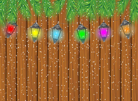 festive garland with varicoloured lanterns on a wooden background,  vector  illustrationのイラスト素材