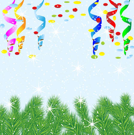 festive christmas background with green branches and serpentine, vector illustrationのイラスト素材