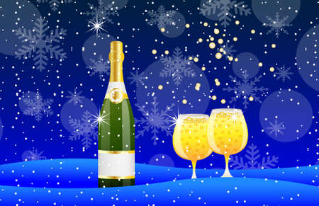 bottle and two glasses of champagne on to snow,vector illustrationのイラスト素材